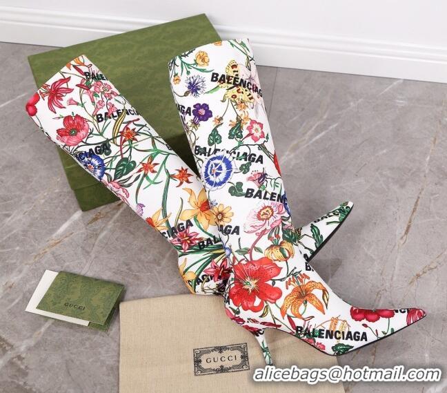 Low Price Gucci x Balenciaga Flora Knife High Boots White/Multicolor 122362