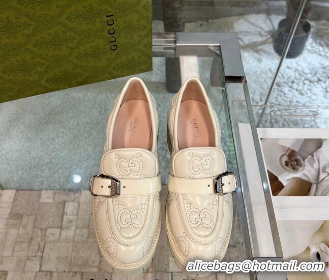 Top Design Gucci GG Matelasse Leather Loafers with Buckle White 122365