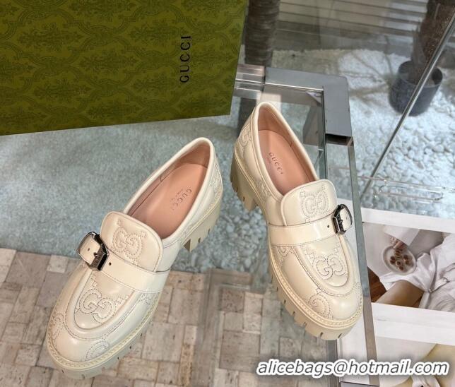 Top Design Gucci GG Matelasse Leather Loafers with Buckle White 122365