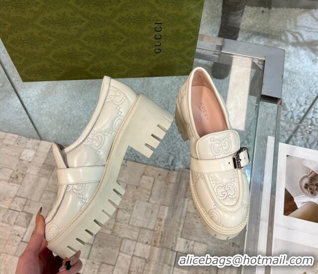 Top Design Gucci GG Matelasse Leather Loafers with Buckle White 122365