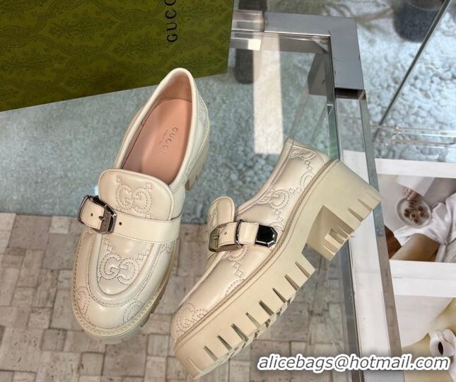 Top Design Gucci GG Matelasse Leather Loafers with Buckle White 122365