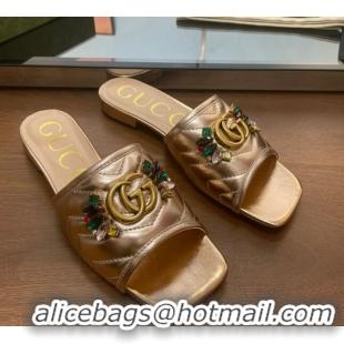 Good Product Gucci Calfskin Flat Slide Sandals with Crystal Charm Gold 122369