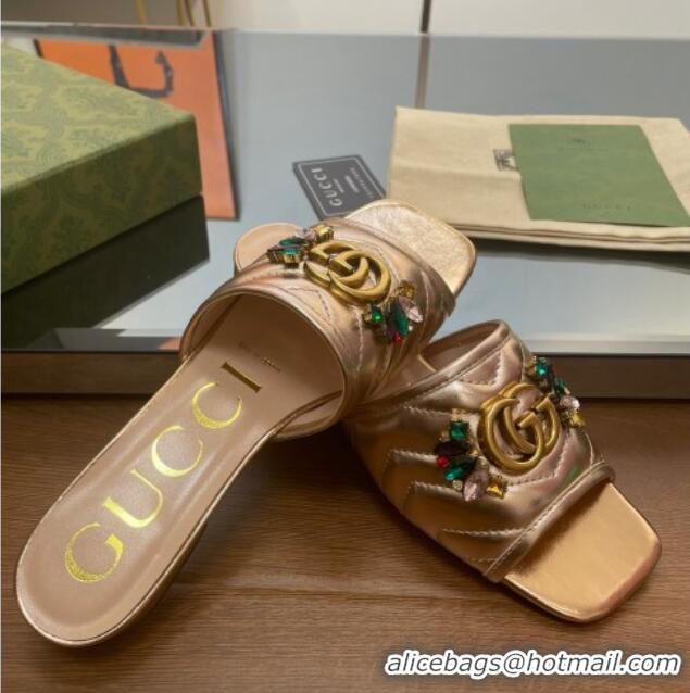 Good Product Gucci Calfskin Flat Slide Sandals with Crystal Charm Gold 122369