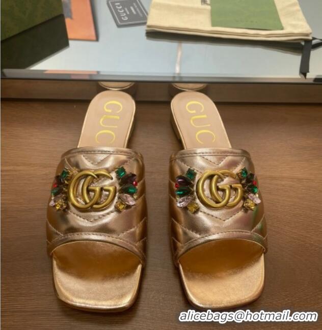 Good Product Gucci Calfskin Flat Slide Sandals with Crystal Charm Gold 122369