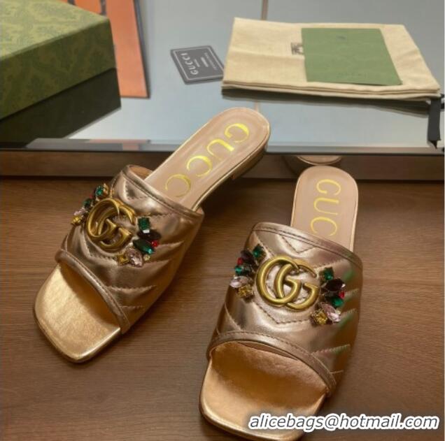 Good Product Gucci Calfskin Flat Slide Sandals with Crystal Charm Gold 122369