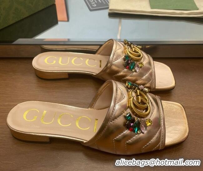 Good Product Gucci Calfskin Flat Slide Sandals with Crystal Charm Gold 122369