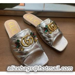 Good Quality Gucci Calfskin Flat Slide Sandals with Crystal Charm Silver 122370