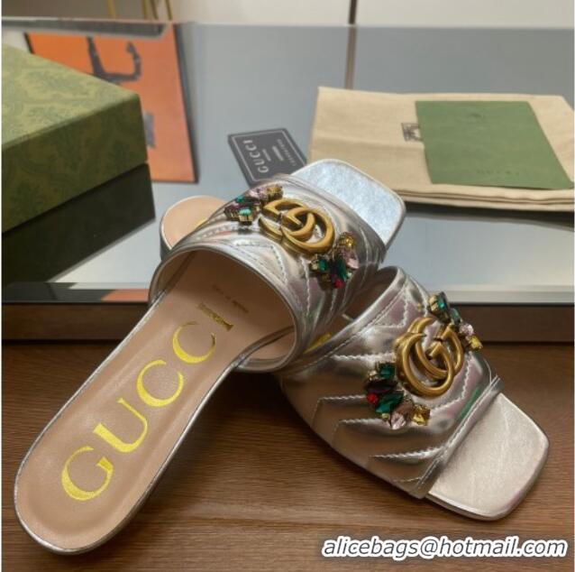 Good Quality Gucci Calfskin Flat Slide Sandals with Crystal Charm Silver 122370