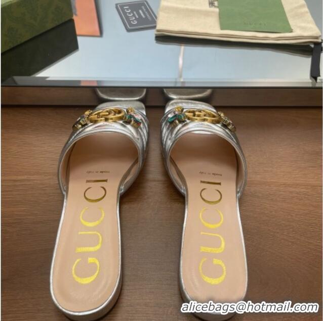 Good Quality Gucci Calfskin Flat Slide Sandals with Crystal Charm Silver 122370