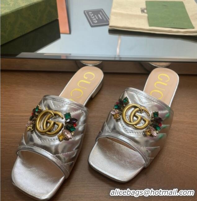 Good Quality Gucci Calfskin Flat Slide Sandals with Crystal Charm Silver 122370