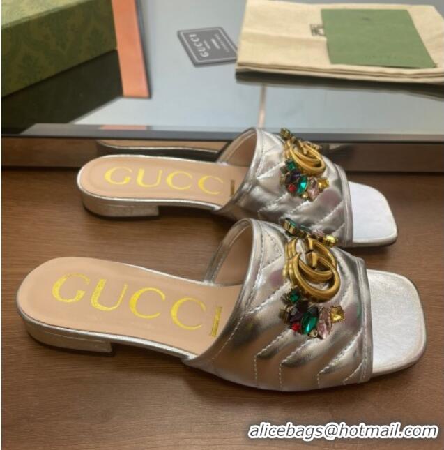 Good Quality Gucci Calfskin Flat Slide Sandals with Crystal Charm Silver 122370