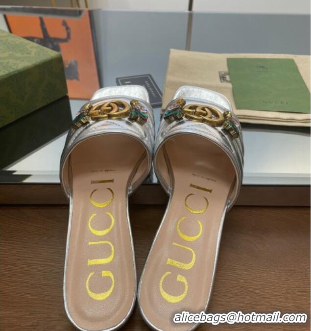 Good Quality Gucci Calfskin Flat Slide Sandals with Crystal Charm Silver 122370