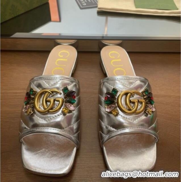 Good Quality Gucci Calfskin Flat Slide Sandals with Crystal Charm Silver 122370