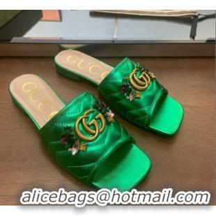 Unique Style Gucci Calfskin Flat Slide Sandals with Crystal Charm Green 122371