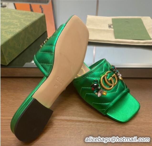 Unique Style Gucci Calfskin Flat Slide Sandals with Crystal Charm Green 122371