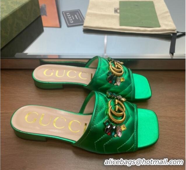 Unique Style Gucci Calfskin Flat Slide Sandals with Crystal Charm Green 122371