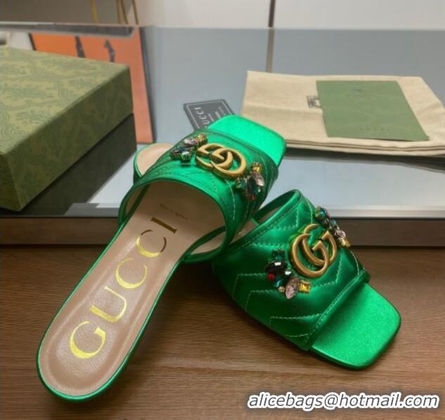 Unique Style Gucci Calfskin Flat Slide Sandals with Crystal Charm Green 122371