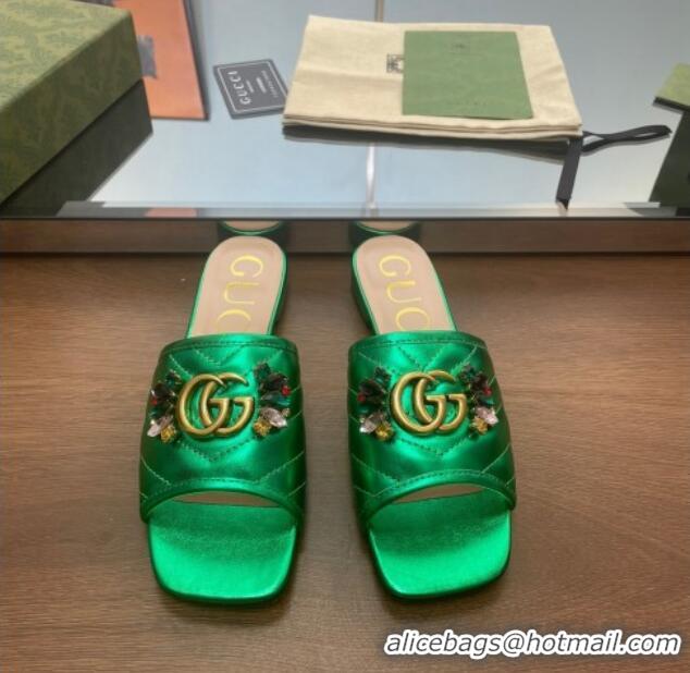 Unique Style Gucci Calfskin Flat Slide Sandals with Crystal Charm Green 122371