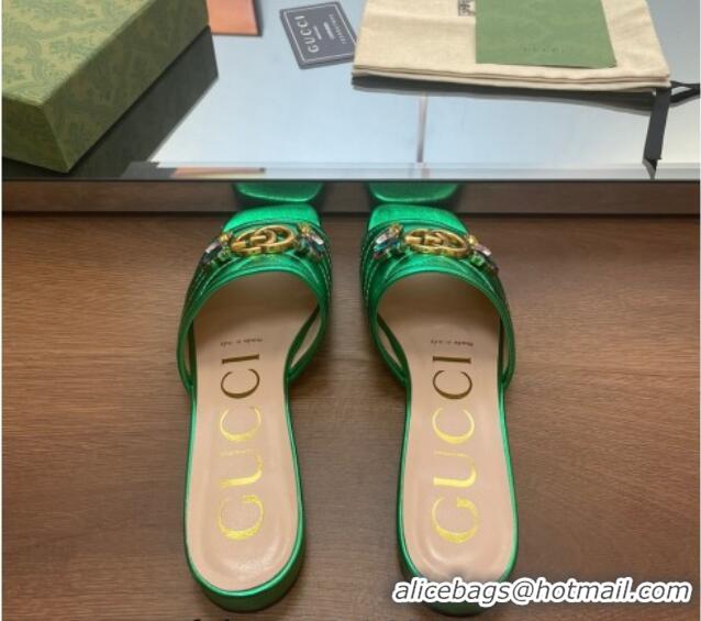 Unique Style Gucci Calfskin Flat Slide Sandals with Crystal Charm Green 122371