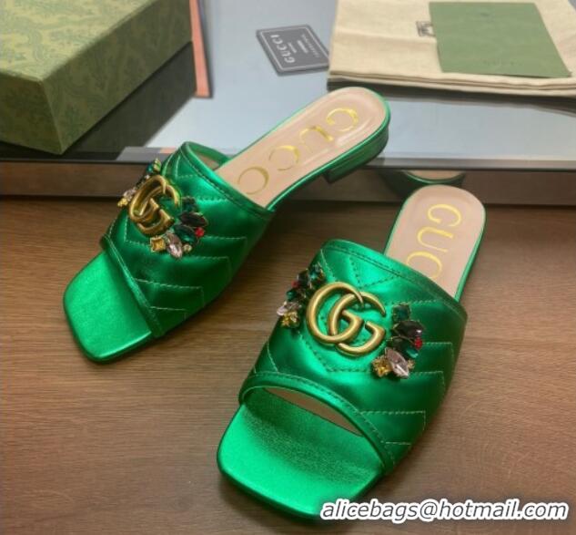 Unique Style Gucci Calfskin Flat Slide Sandals with Crystal Charm Green 122371