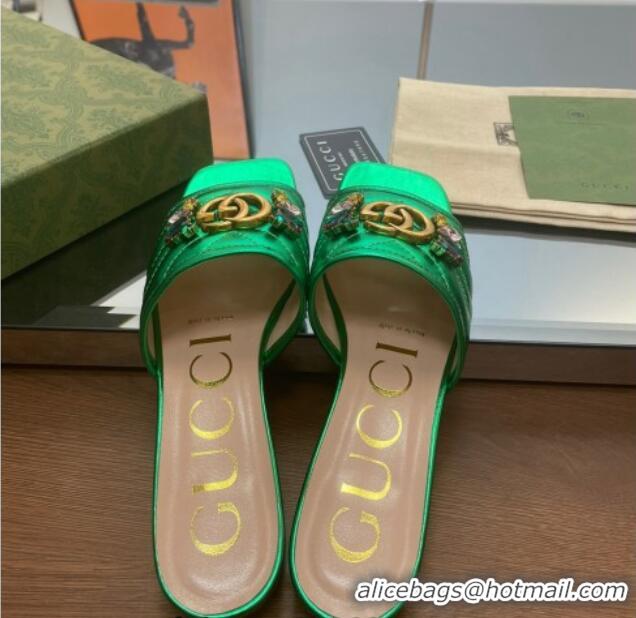 Unique Style Gucci Calfskin Flat Slide Sandals with Crystal Charm Green 122371