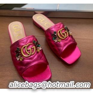 Trendy Design Gucci Calfskin Flat Slide Sandals with Crystal Charm Pink 122372