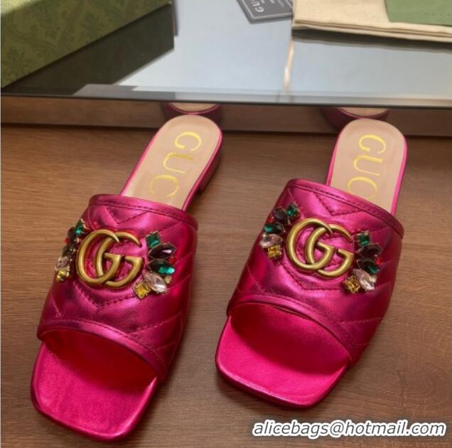 Trendy Design Gucci Calfskin Flat Slide Sandals with Crystal Charm Pink 122372