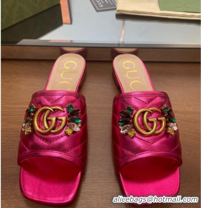 Trendy Design Gucci Calfskin Flat Slide Sandals with Crystal Charm Pink 122372