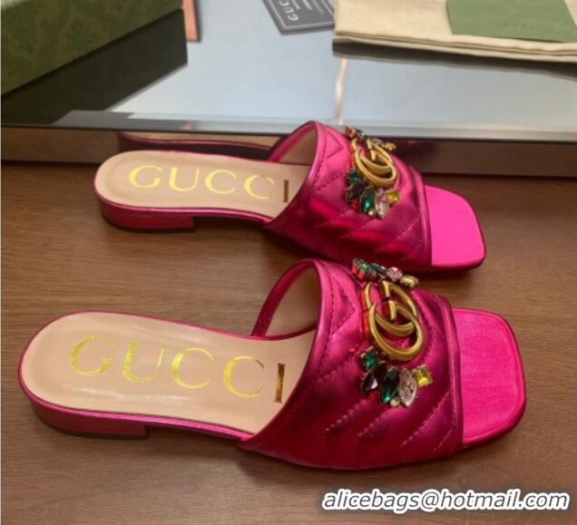 Trendy Design Gucci Calfskin Flat Slide Sandals with Crystal Charm Pink 122372