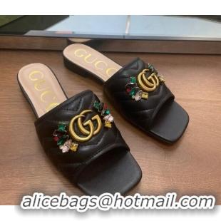 Popular Style Gucci Calfskin Flat Slide Sandals with Crystal Charm Black 122373