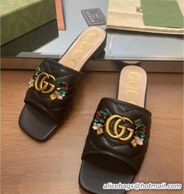 Popular Style Gucci Calfskin Flat Slide Sandals with Crystal Charm Black 122373