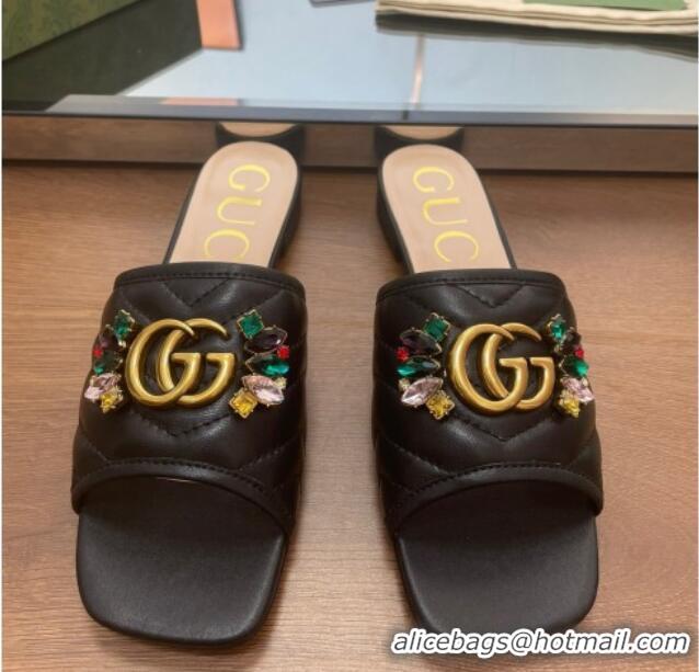 Popular Style Gucci Calfskin Flat Slide Sandals with Crystal Charm Black 122373