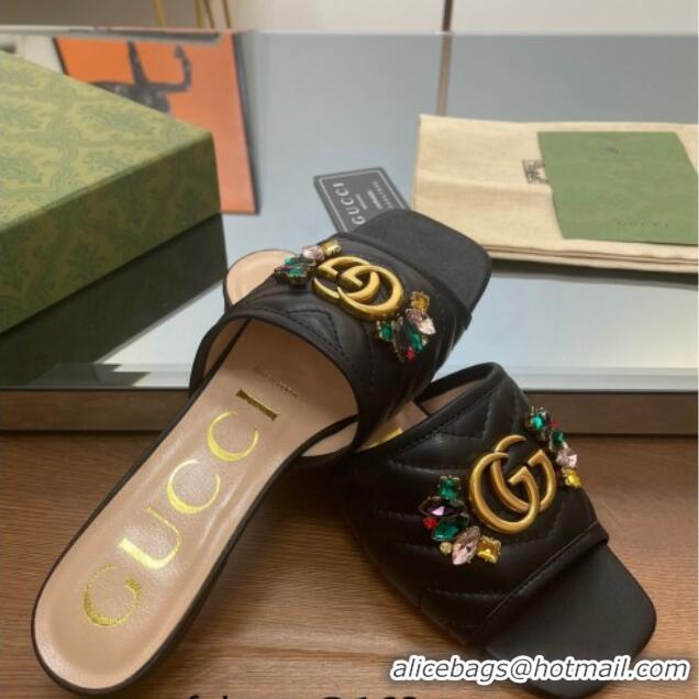 Popular Style Gucci Calfskin Flat Slide Sandals with Crystal Charm Black 122373