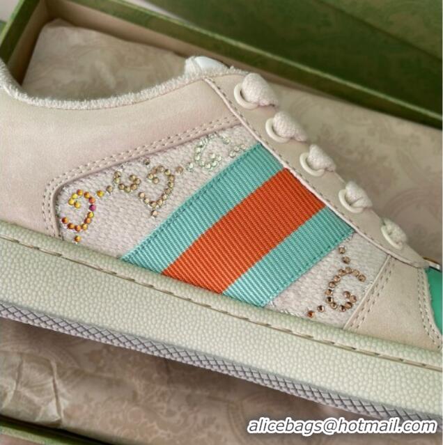 Good Product Gucci Screener Sneaker with Multicolour Crystals in Beige Fabric 122374