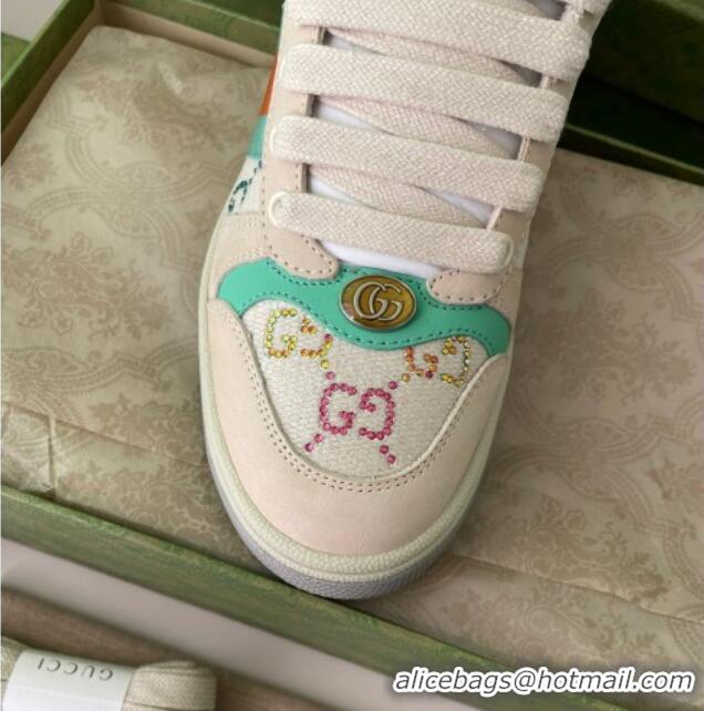 Good Product Gucci Screener Sneaker with Multicolour Crystals in Beige Fabric 122374