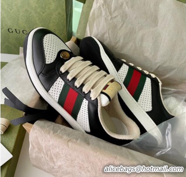 Charming Gucci Screener Sneaker in Black and White Perforated Leather 122376