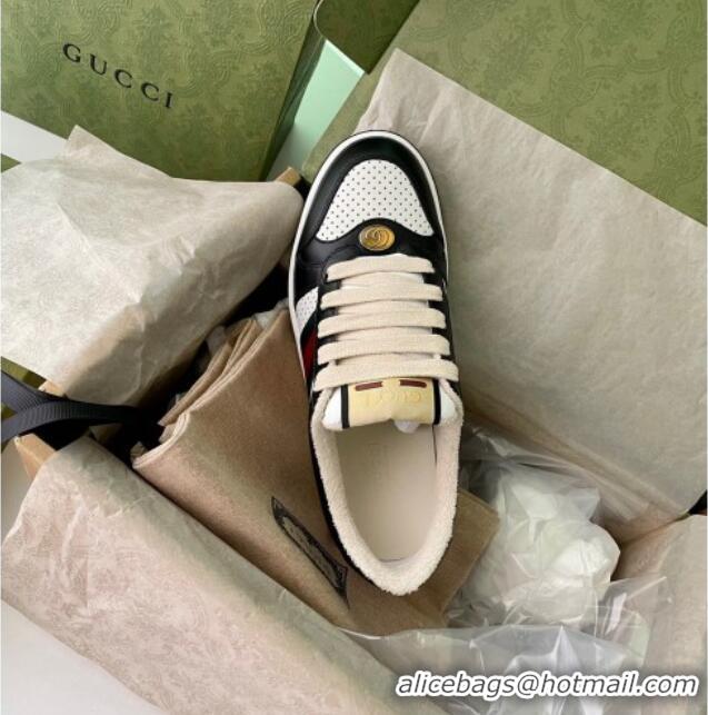 Charming Gucci Screener Sneaker in Black and White Perforated Leather 122376