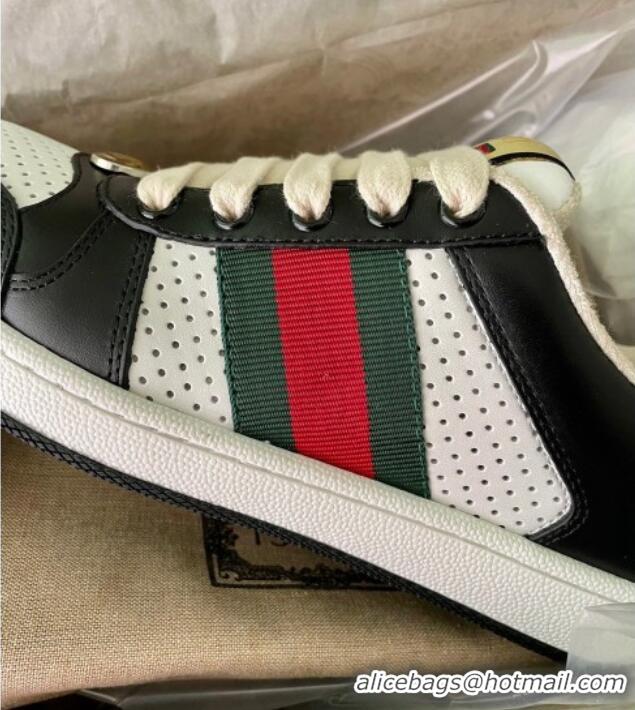 Charming Gucci Screener Sneaker in Black and White Perforated Leather 122376