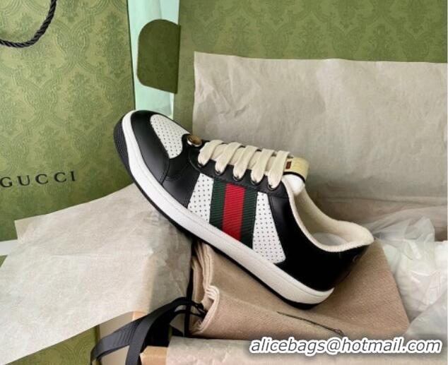 Charming Gucci Screener Sneaker in Black and White Perforated Leather 122376