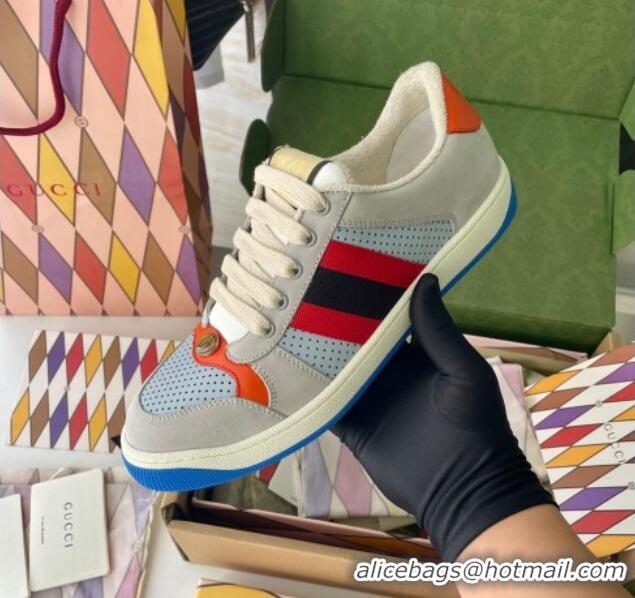 Unique Style Gucci Men's Lovelight Screener Sneaker in Grey Suede and Light Blue Perforated Leather 122377