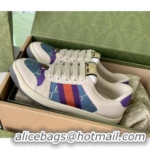 Discount Gucci Screener Sneaker in Beige Leather and Blue GG Canvas 122378