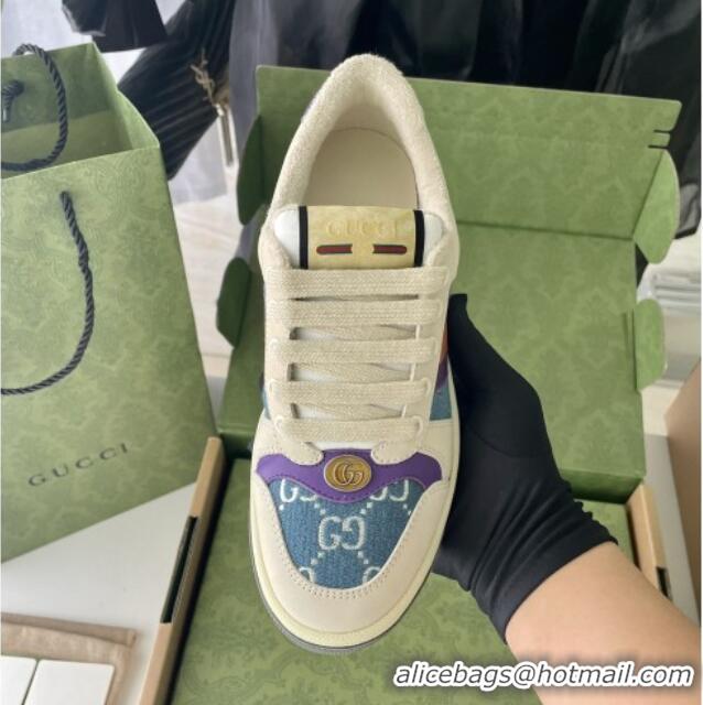 Discount Gucci Screener Sneaker in Beige Leather and Blue GG Canvas 122378