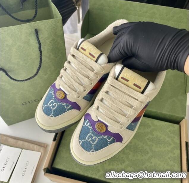 Discount Gucci Screener Sneaker in Beige Leather and Blue GG Canvas 122378