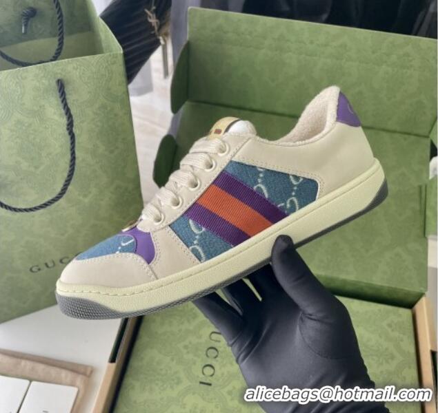 Discount Gucci Screener Sneaker in Beige Leather and Blue GG Canvas 122378