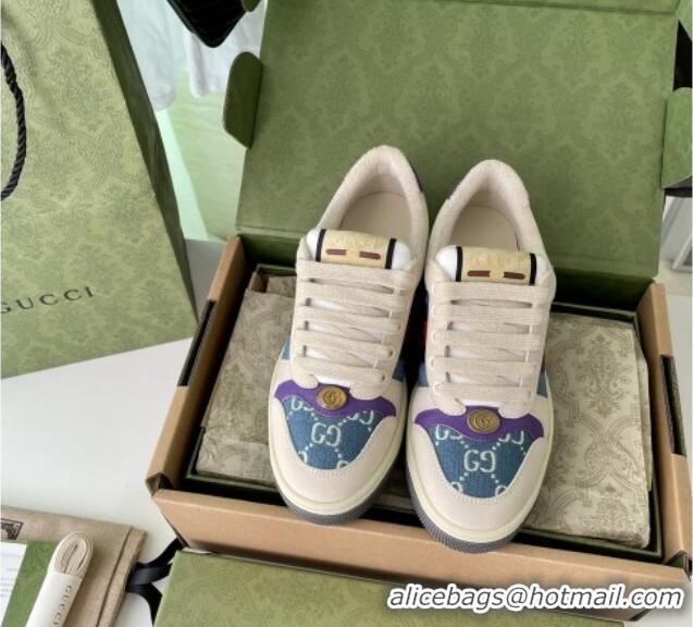 Discount Gucci Screener Sneaker in Beige Leather and Blue GG Canvas 122378