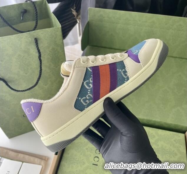 Discount Gucci Screener Sneaker in Beige Leather and Blue GG Canvas 122378