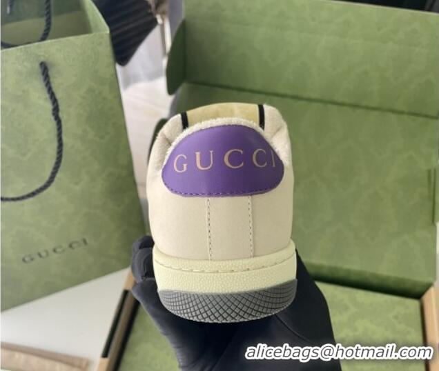 Discount Gucci Screener Sneaker in Beige Leather and Blue GG Canvas 122378