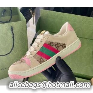 Pretty Style Gucci Screener Sneaker with Crystals in Beige Leather and GG Canvas Pink 122379