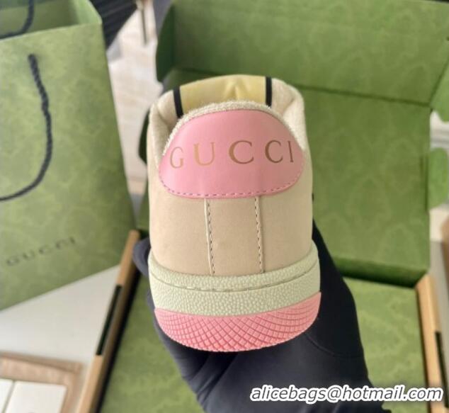 Pretty Style Gucci Screener Sneaker with Crystals in Beige Leather and GG Canvas Pink 122379