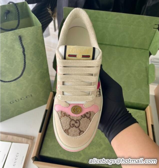 Pretty Style Gucci Screener Sneaker with Crystals in Beige Leather and GG Canvas Pink 122379